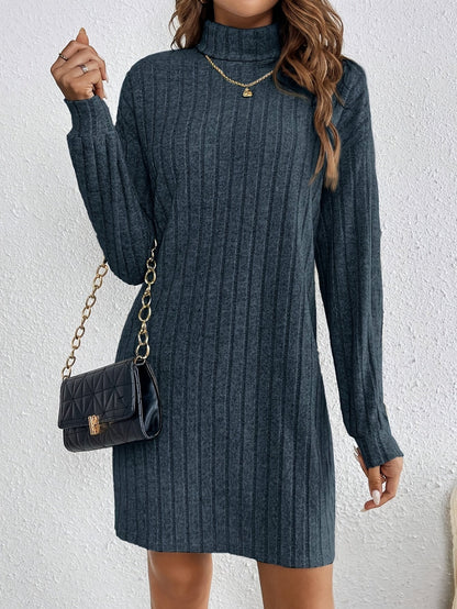 Women's Ribbed Roll Neck Jumper Dress with Stretch Knit