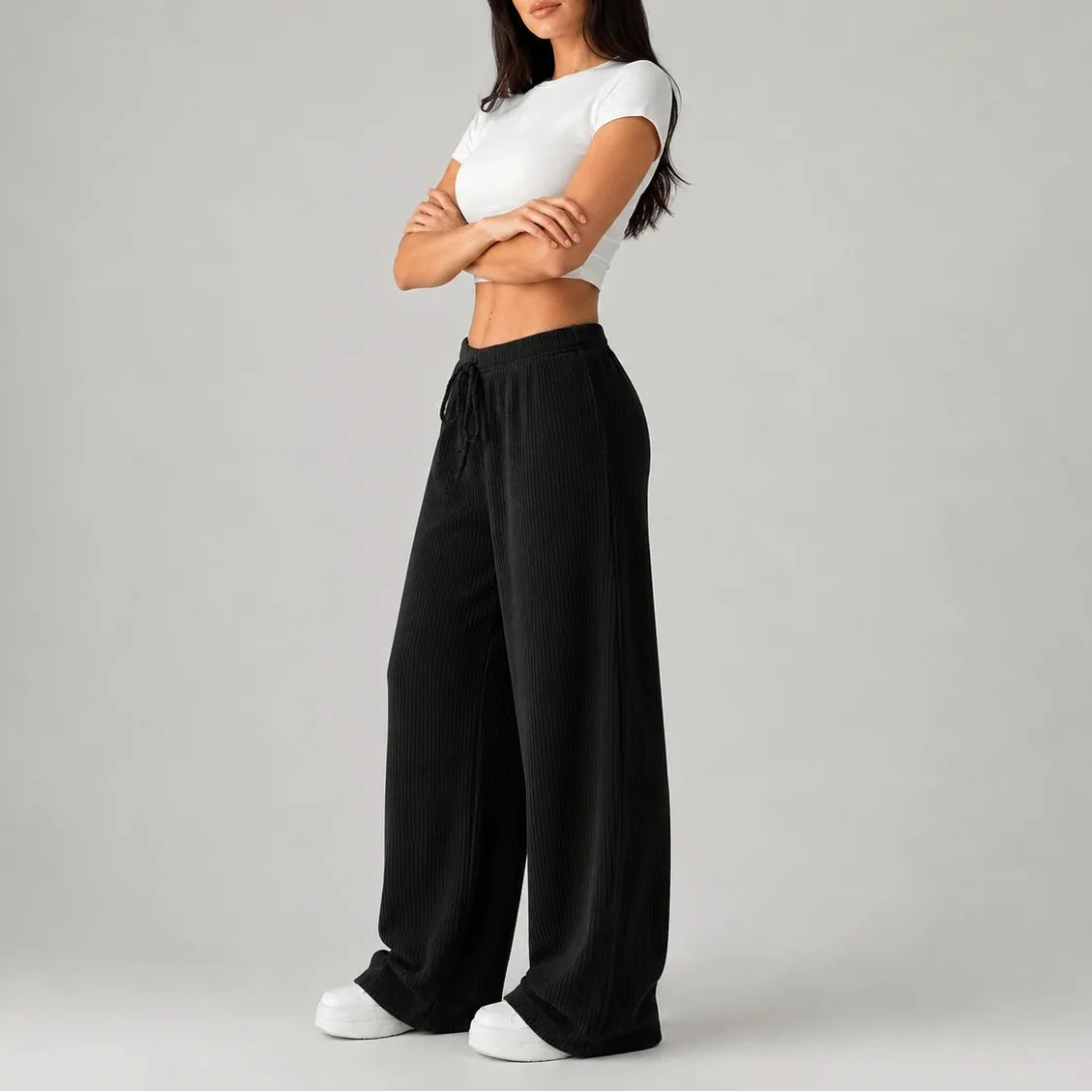 Women's Ribbed Wide Leg Drawstring Lounge Trousers