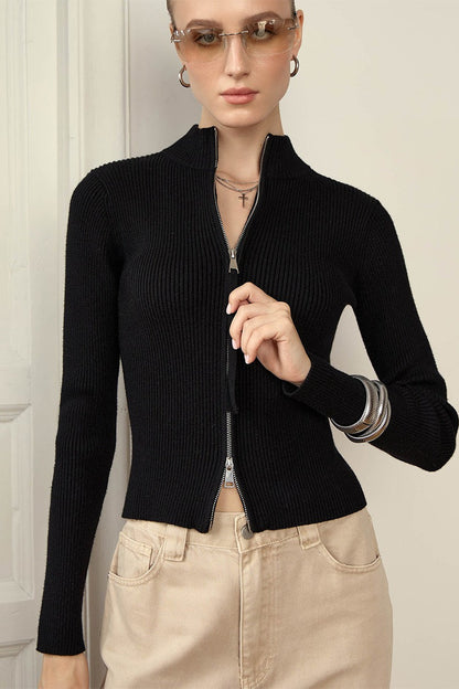 Women's Ribbed Zip Front High Neck Cardigan