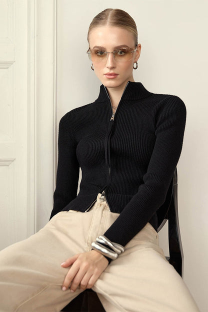 Women's Ribbed Zip Front High Neck Cardigan