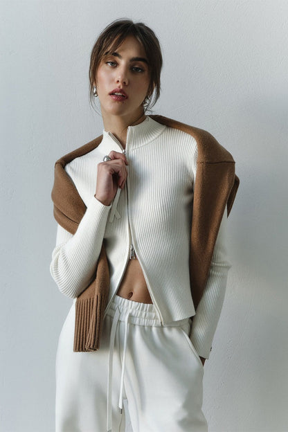 Women's Ribbed Zip Front High Neck Cardigan