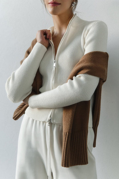 Women's Ribbed Zip Front High Neck Cardigan