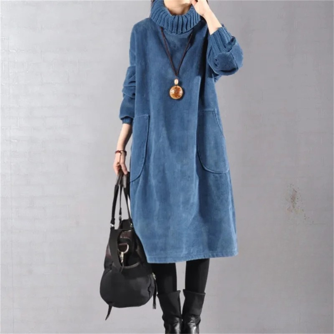 Women's Roll Neck Midi Jumper Dress with Patch Pockets