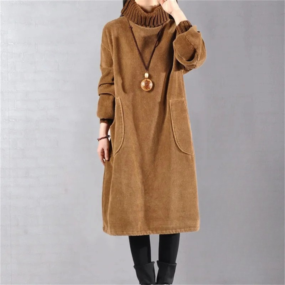Women's Roll Neck Midi Jumper Dress with Patch Pockets