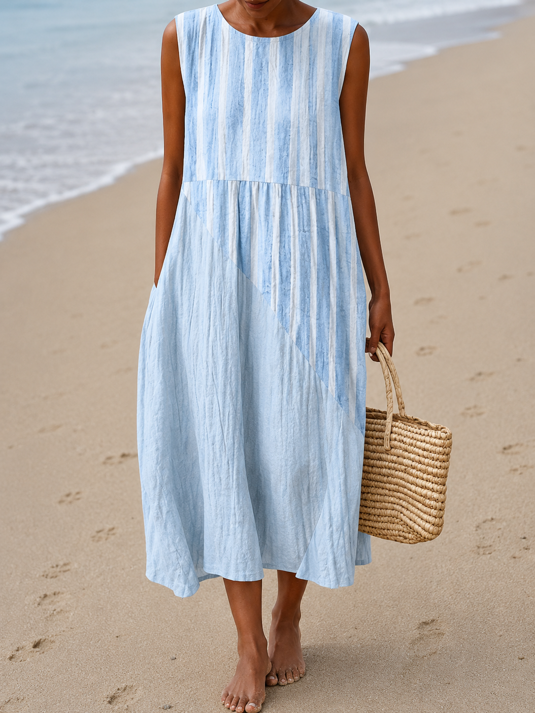 Women's Round Neck Sleeveless Relaxed Midi Dress