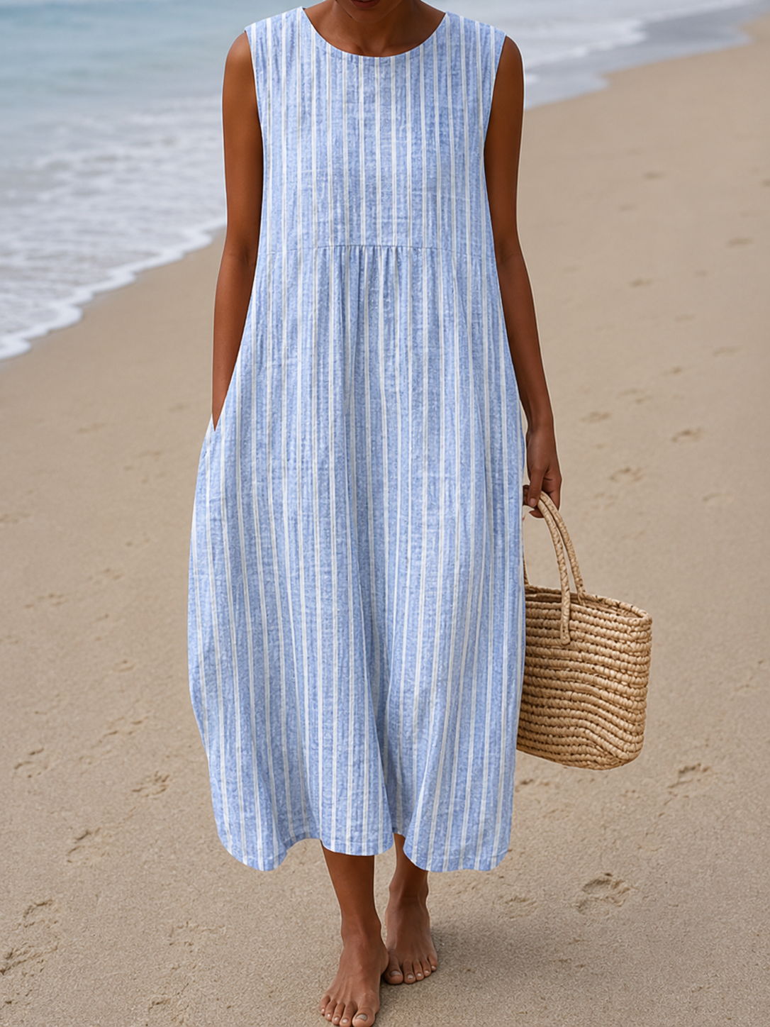Women's Round Neck Sleeveless Relaxed Midi Dress