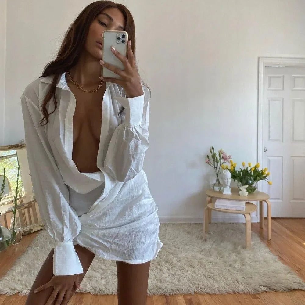 Women's Ruched Linen Shirt Mini Dress