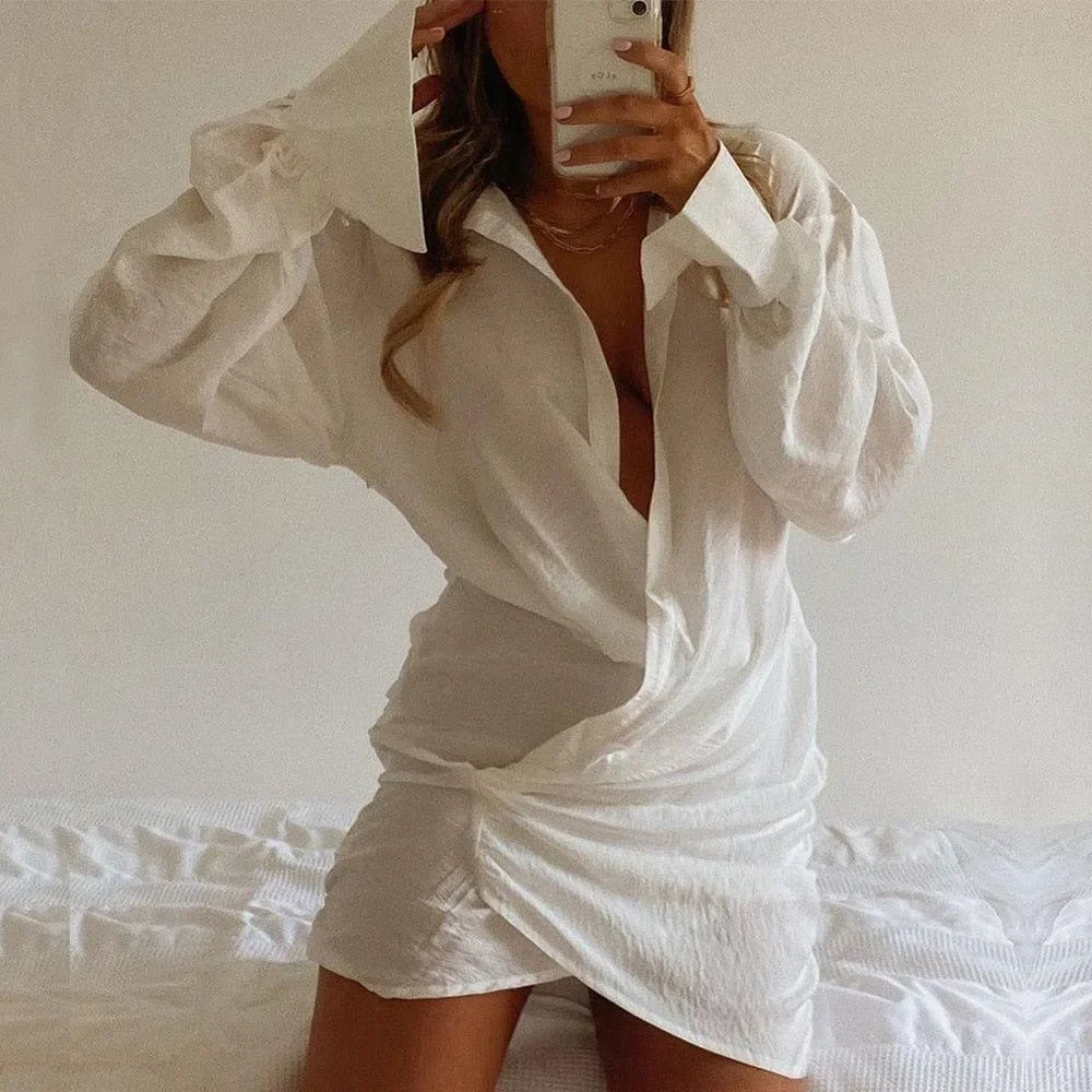 Women's Ruched Linen Shirt Mini Dress