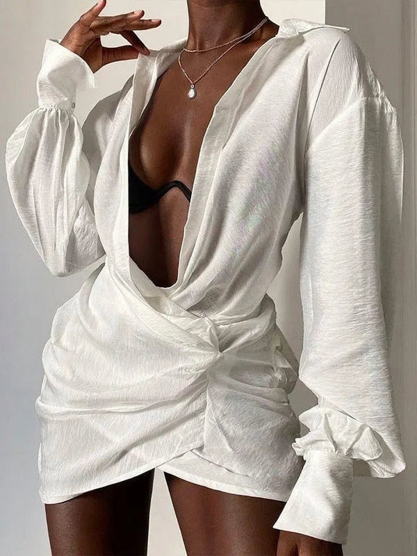 Women's Ruched Linen Shirt Mini Dress