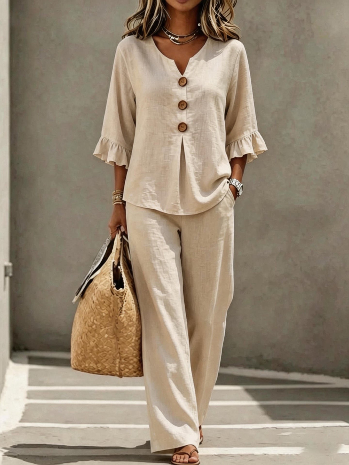 Women's Ruffle Sleeve Linen Two Piece Set
