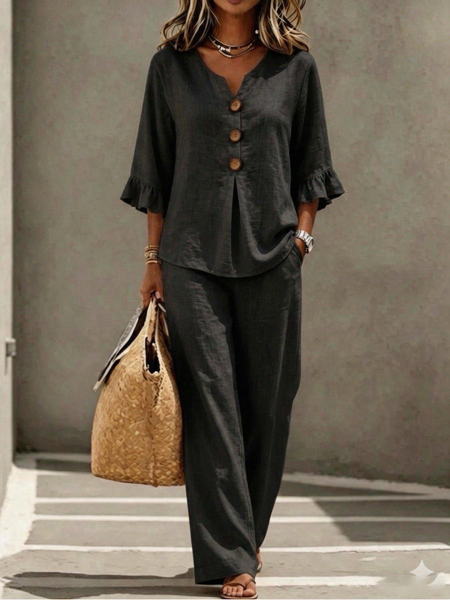 Women's Ruffle Sleeve Linen Two Piece Set