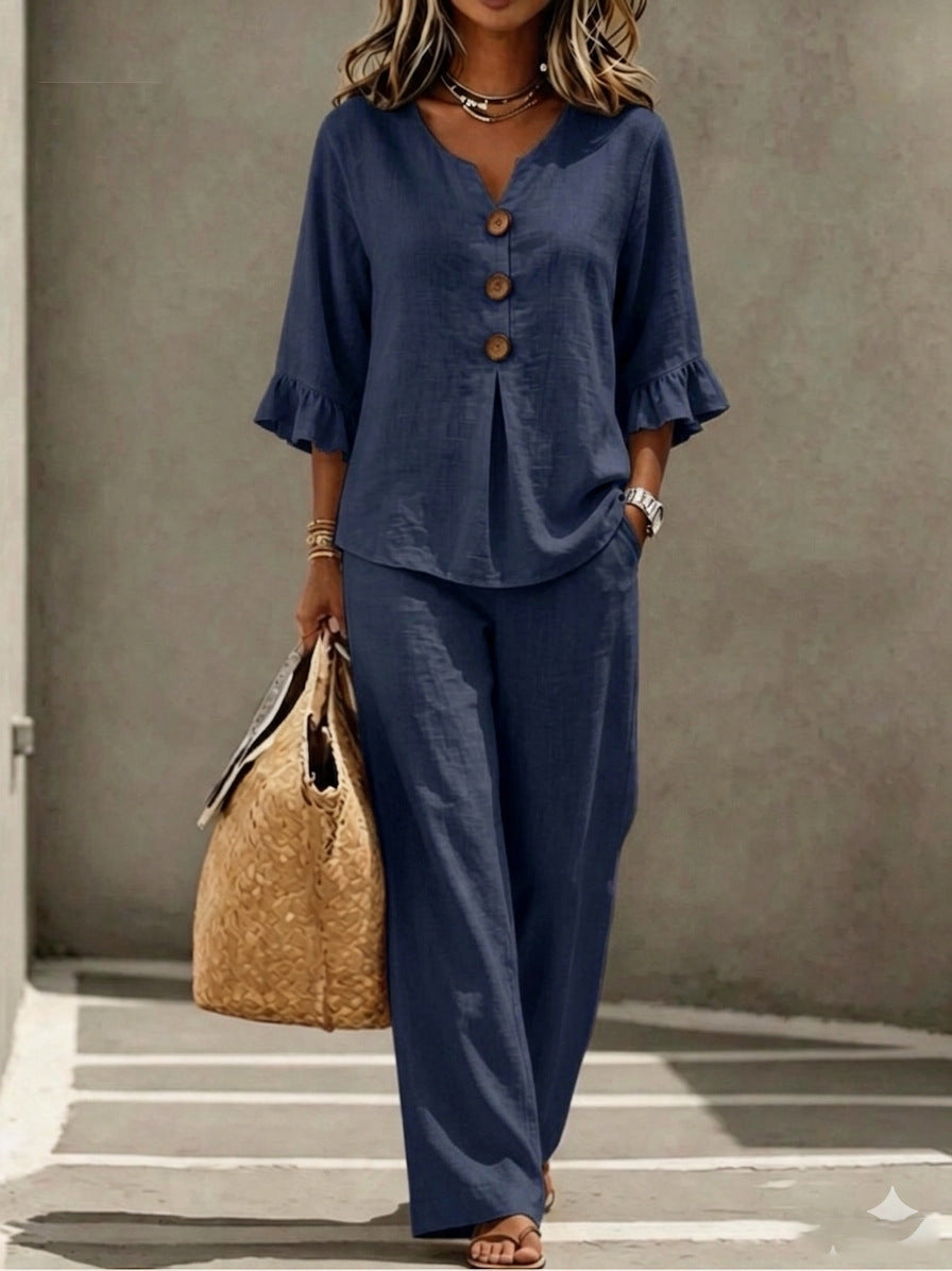 Women's Ruffle Sleeve Linen Two Piece Set