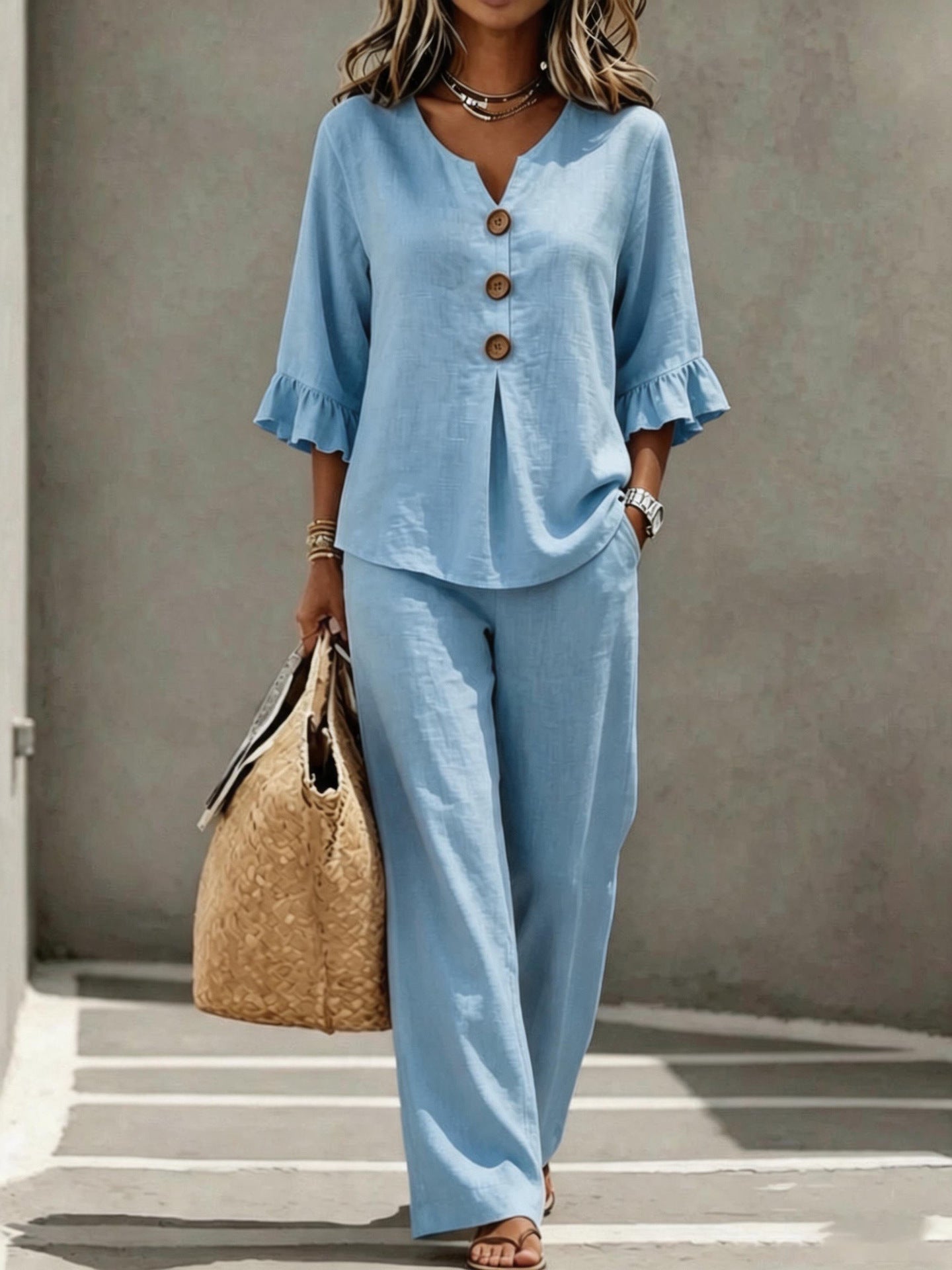 Women's Ruffle Sleeve Linen Two Piece Set