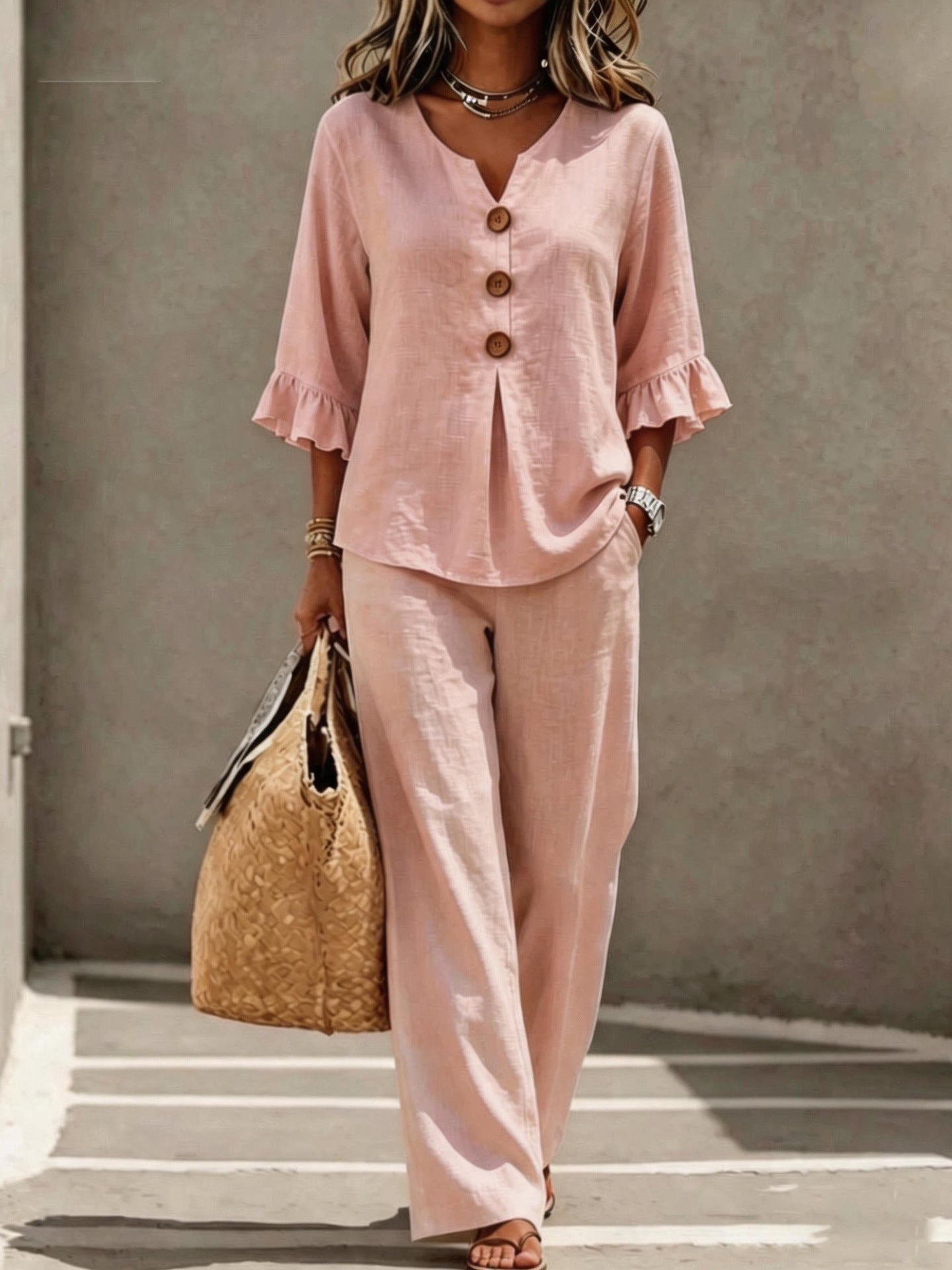 Women's Ruffle Sleeve Linen Two Piece Set