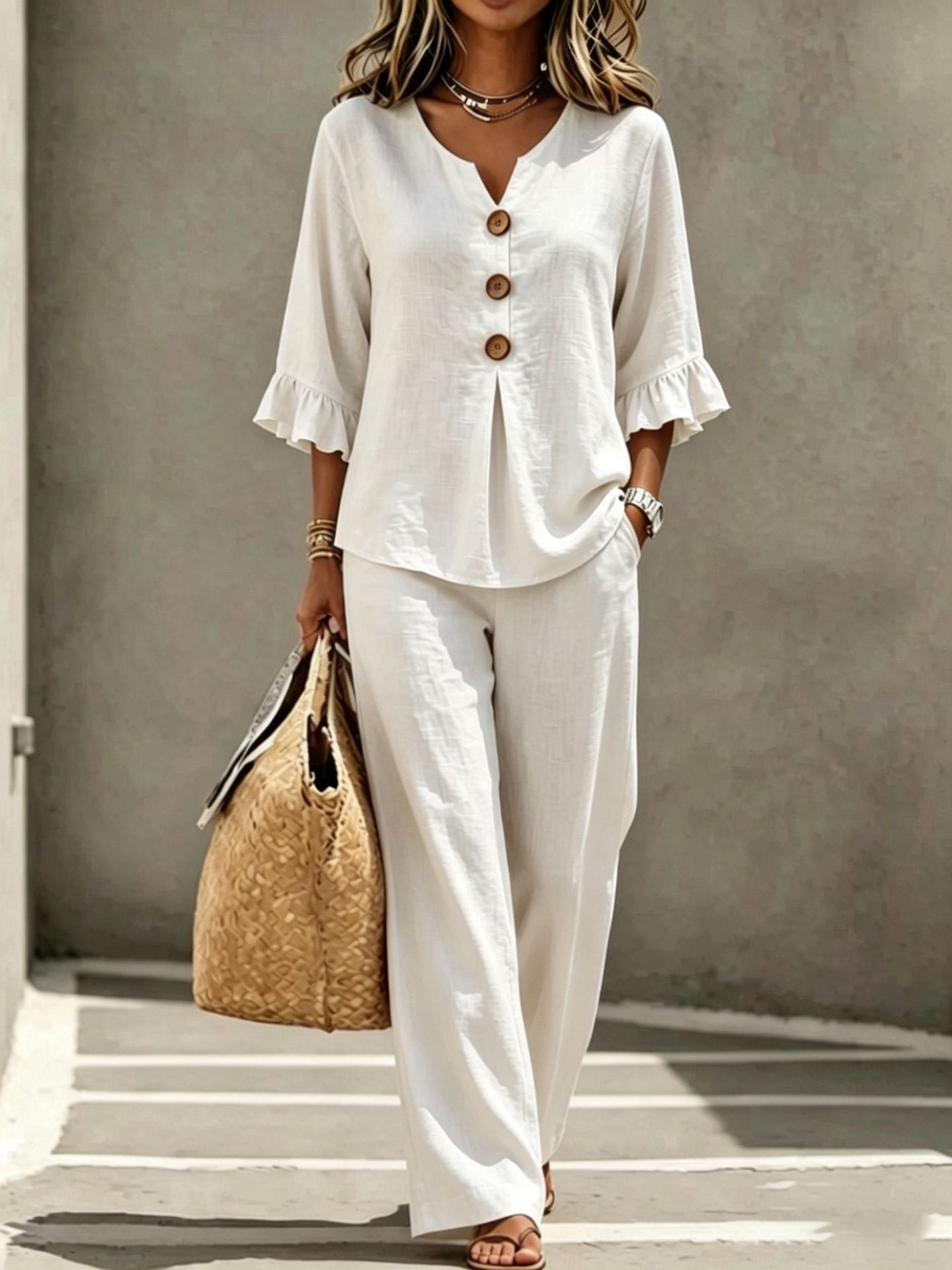 Women's Ruffle Sleeve Linen Two Piece Set
