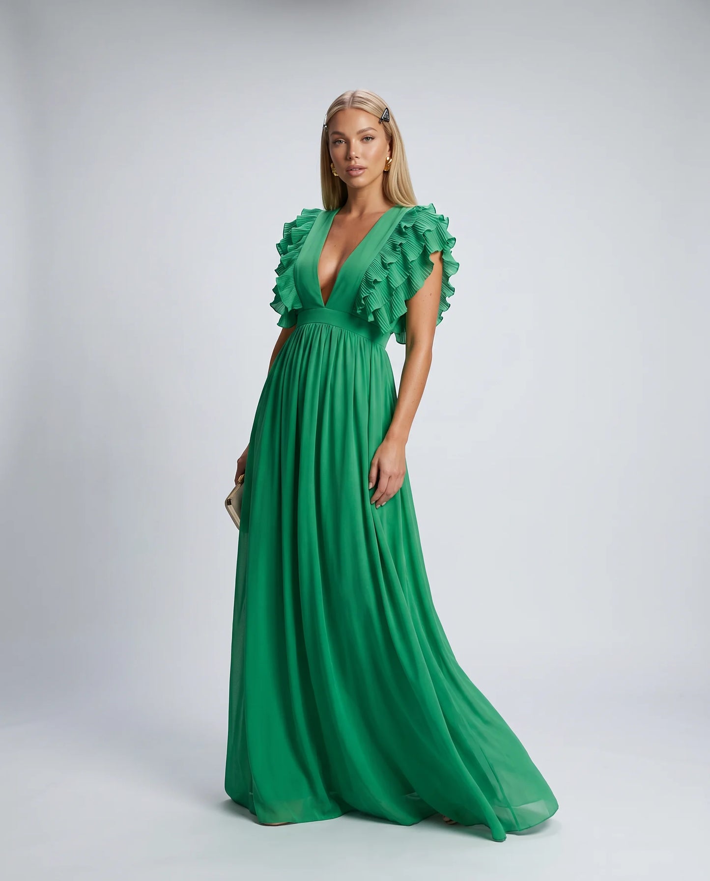 Green ruffle sleeve maxi dress with empire waist and elegant formal occasion styling by ILYNORA