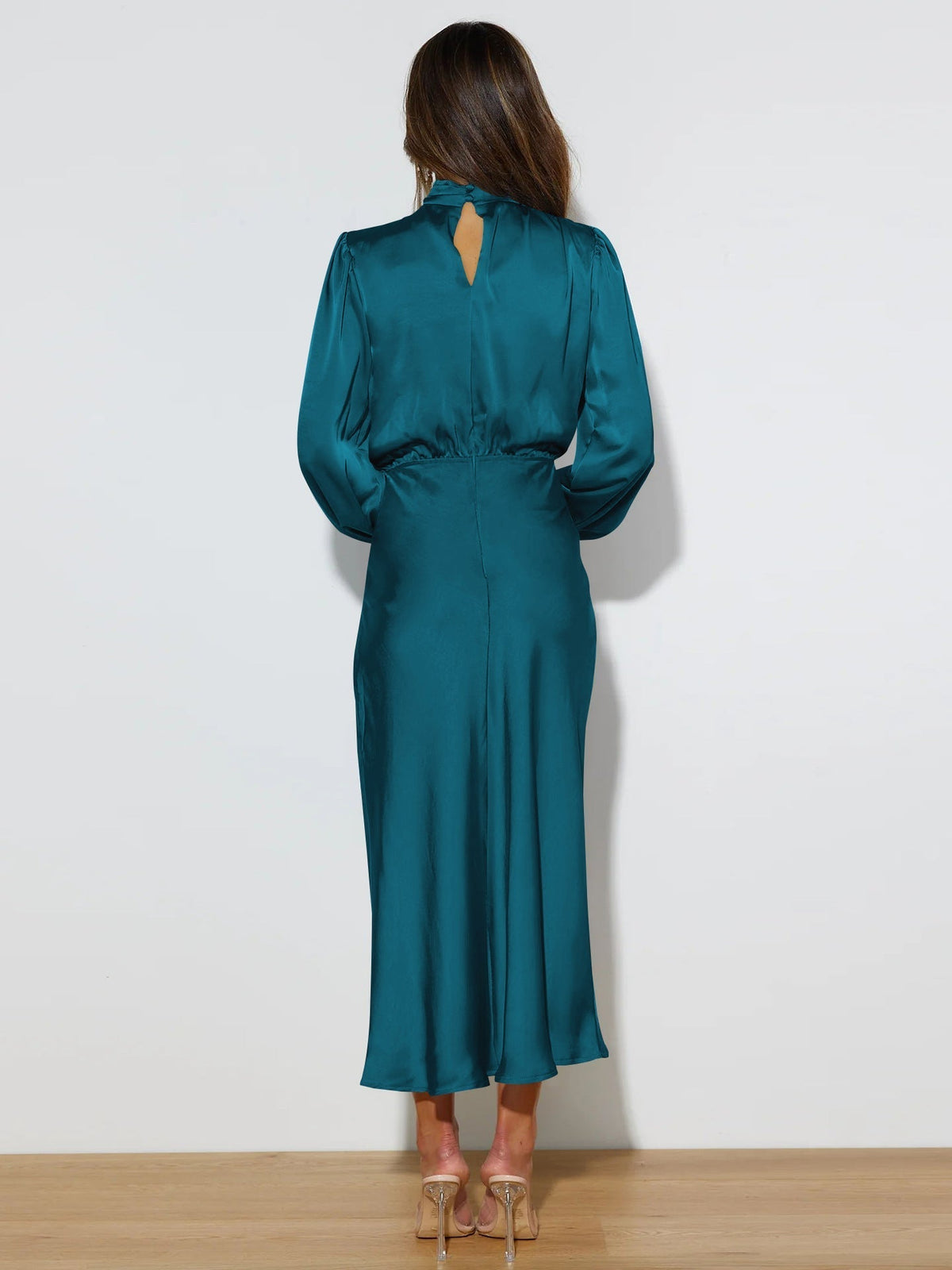 Women's Satin High Neck Midi Dress with Long Sleeves