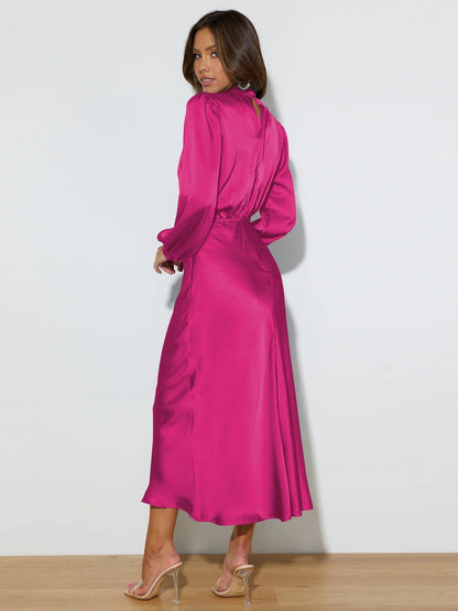 Women's Satin High Neck Midi Dress with Long Sleeves