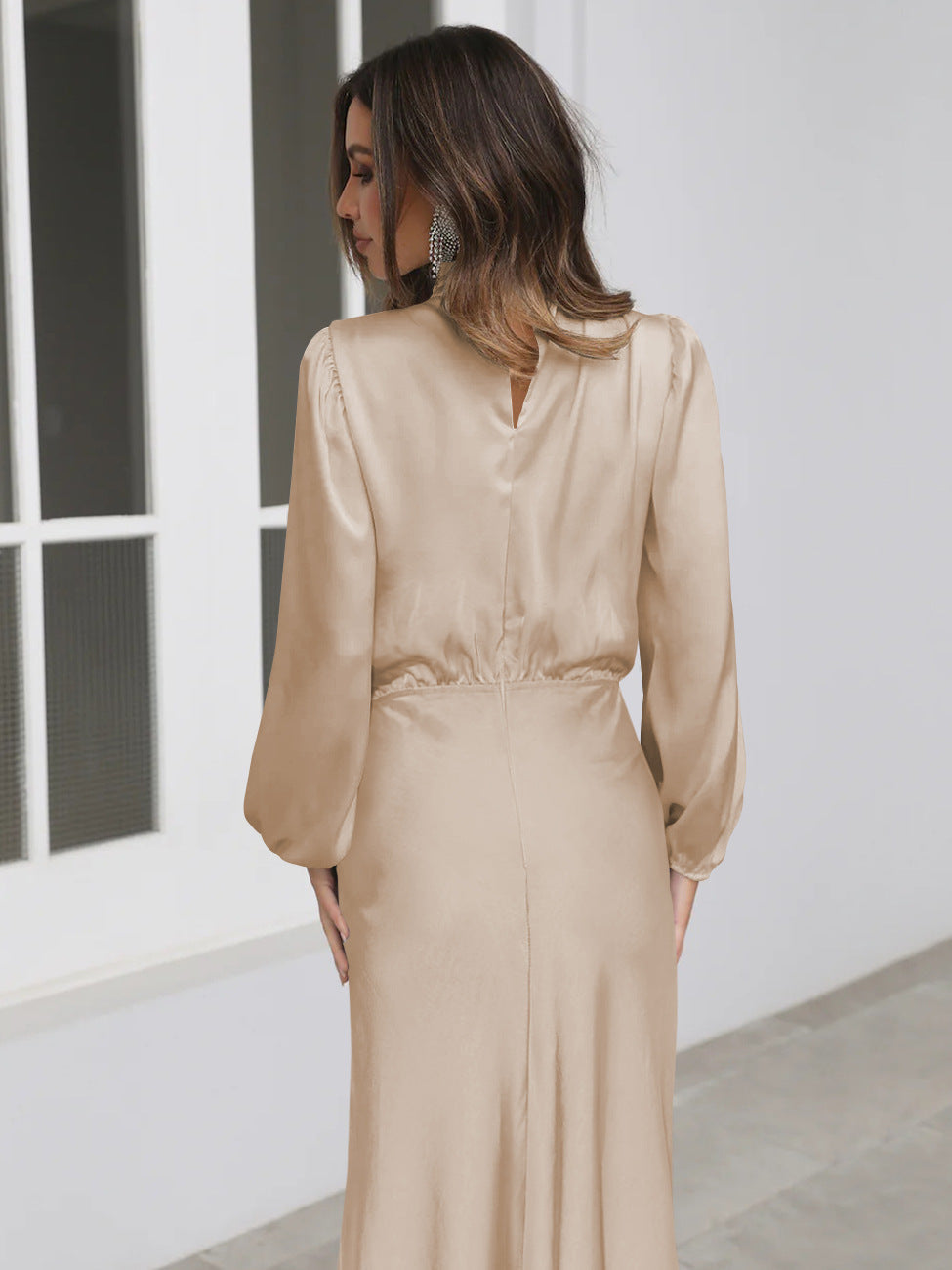 Women's Satin High Neck Midi Dress with Long Sleeves