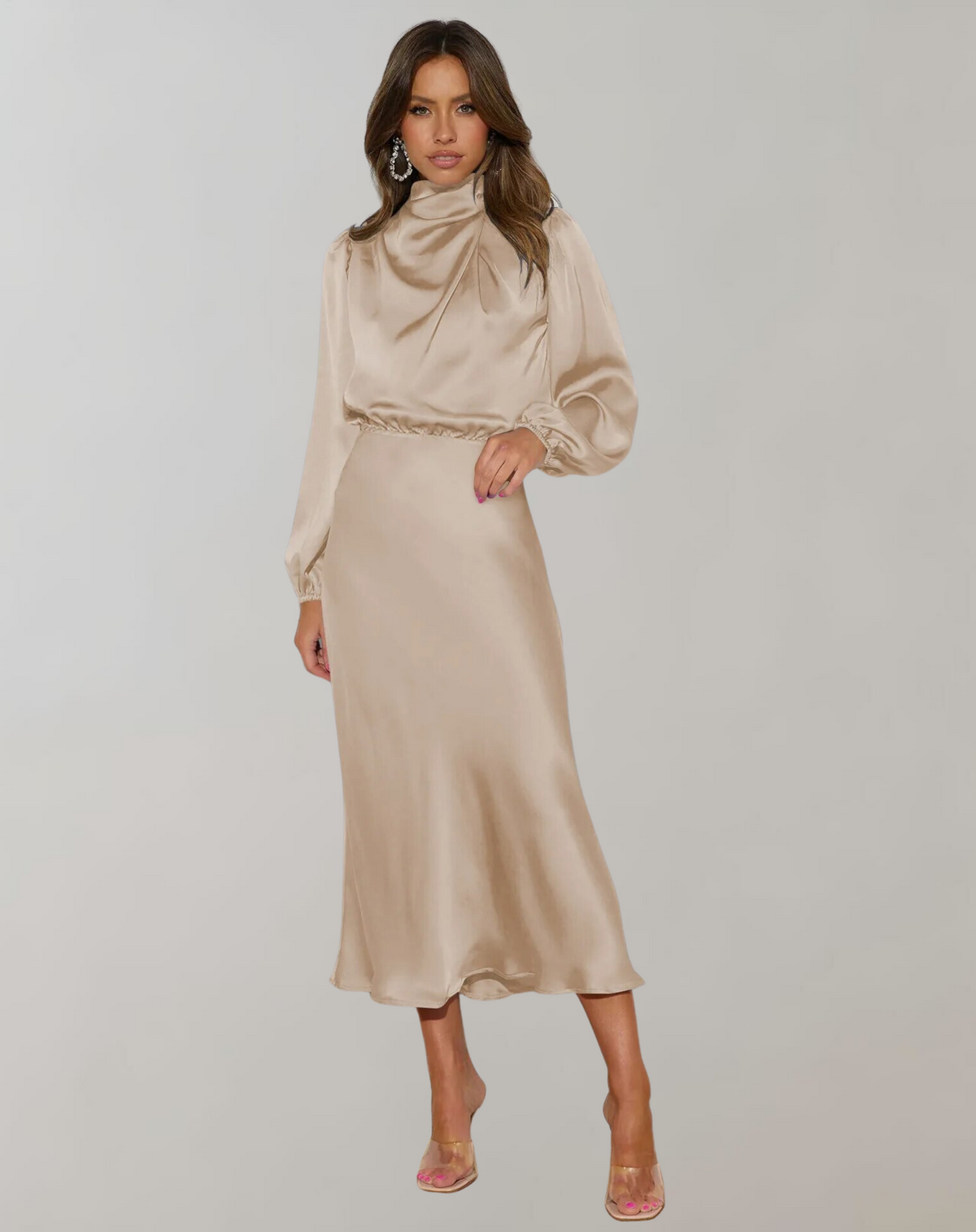 Women's Satin High Neck Midi Dress with Long Sleeves