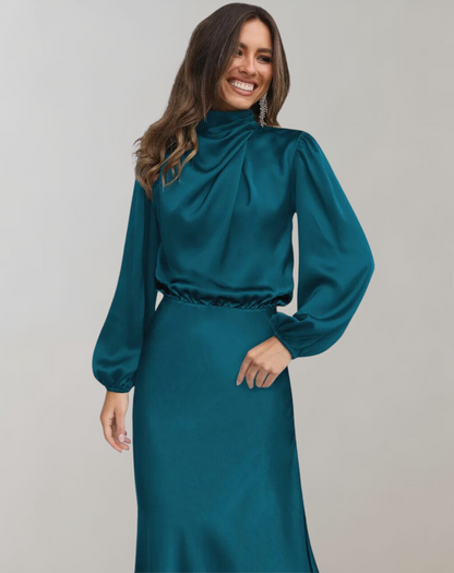 Women's Satin High Neck Midi Dress with Long Sleeves