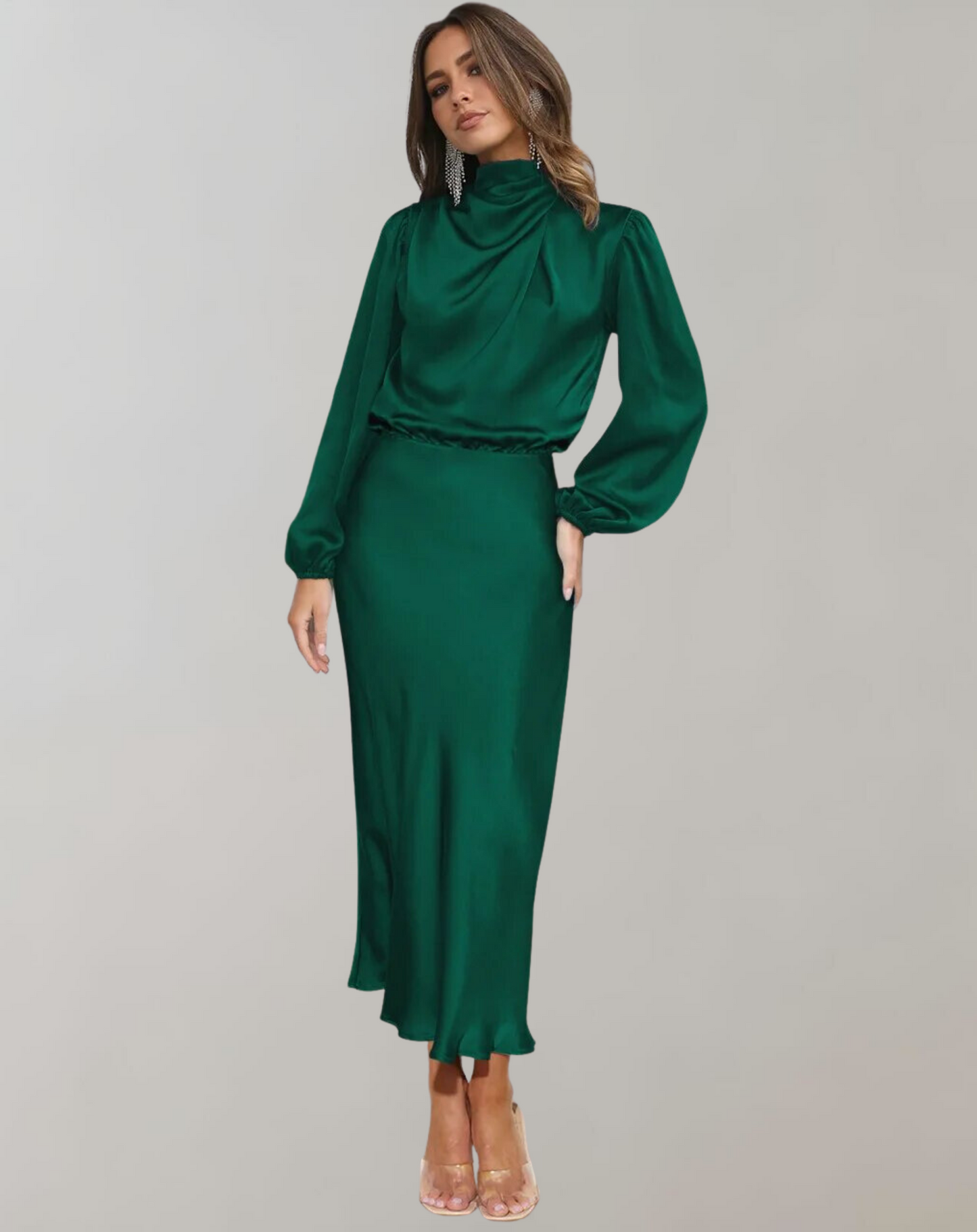 Women's Satin High Neck Midi Dress with Long Sleeves