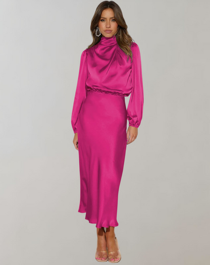Women's Satin High Neck Midi Dress with Long Sleeves