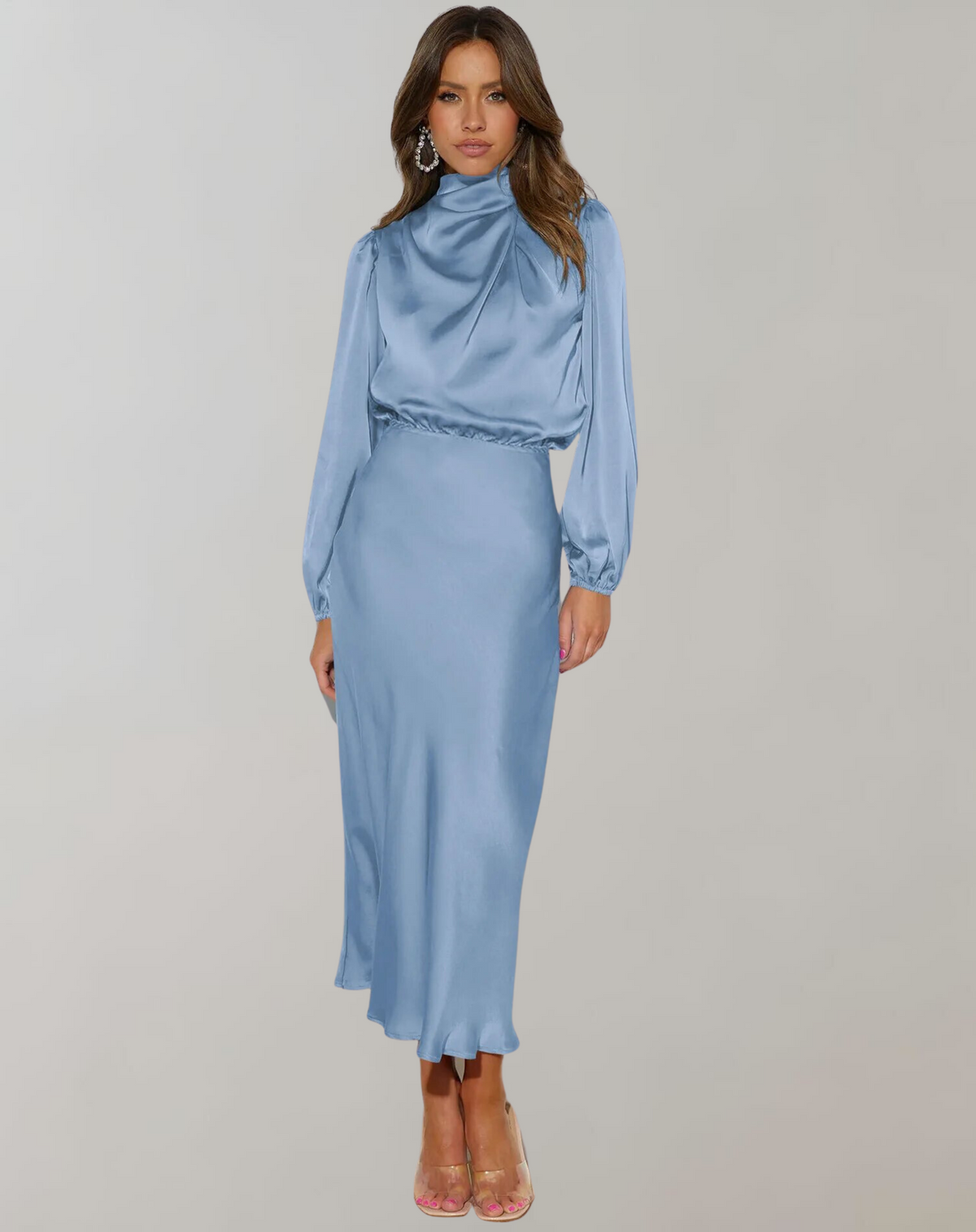 Women's Satin High Neck Midi Dress with Long Sleeves