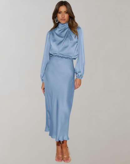 Women's Satin High Neck Midi Dress with Long Sleeves