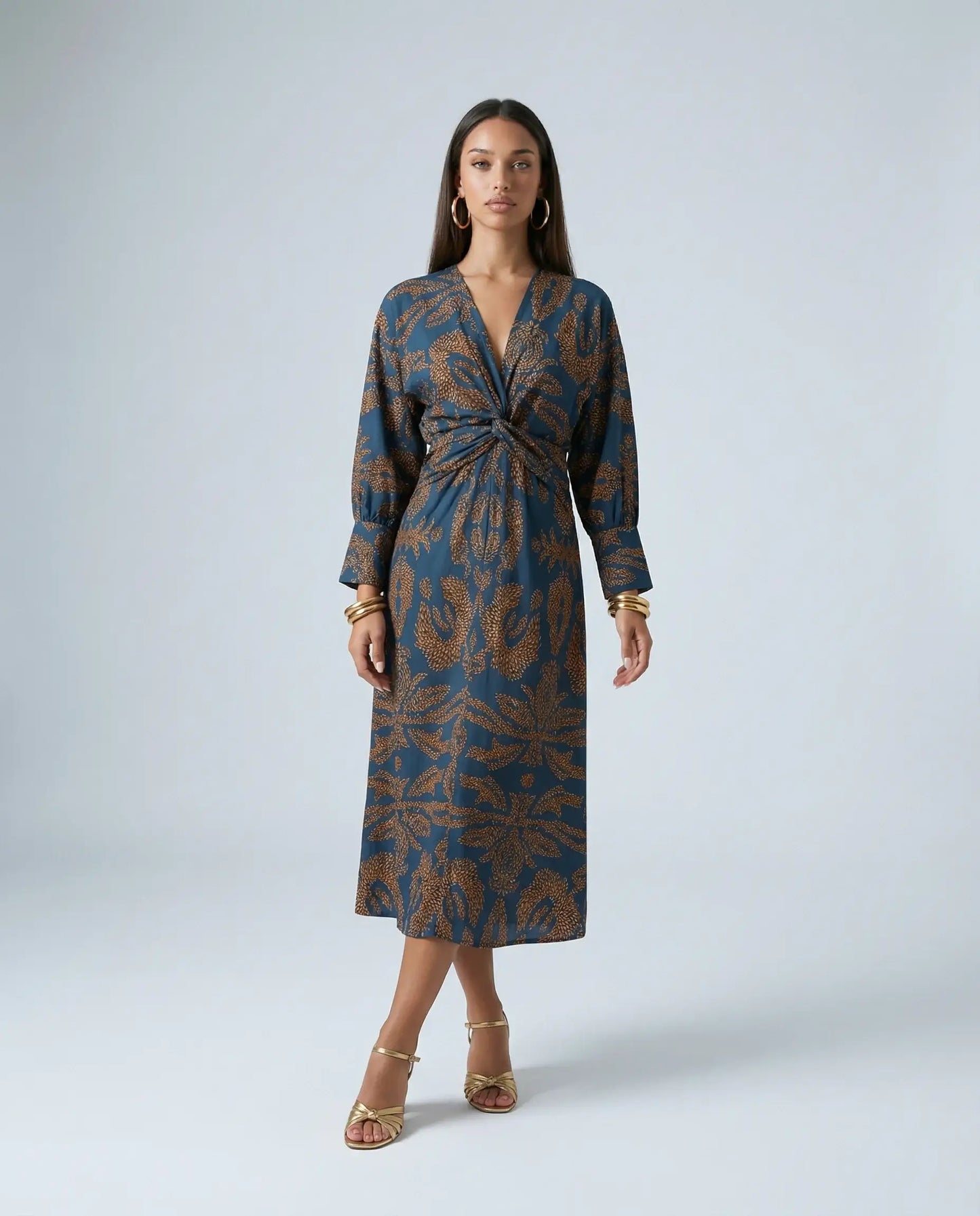 Blue satin knot midi dress by Ilynora, front view with soft drape and refined silhouette