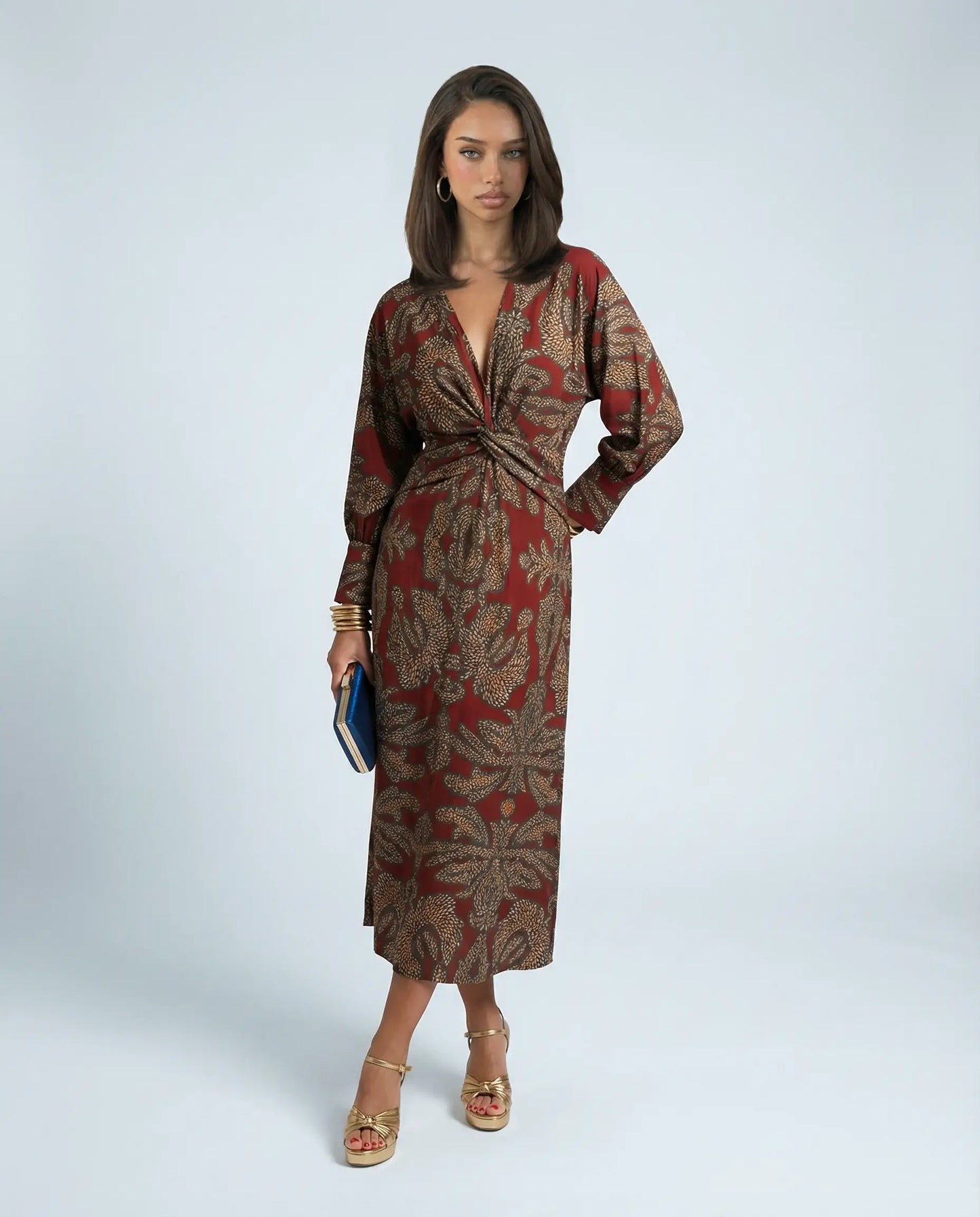 Red satin knot midi dress by Ilynora, front view with elegant drape and feminine silhouette