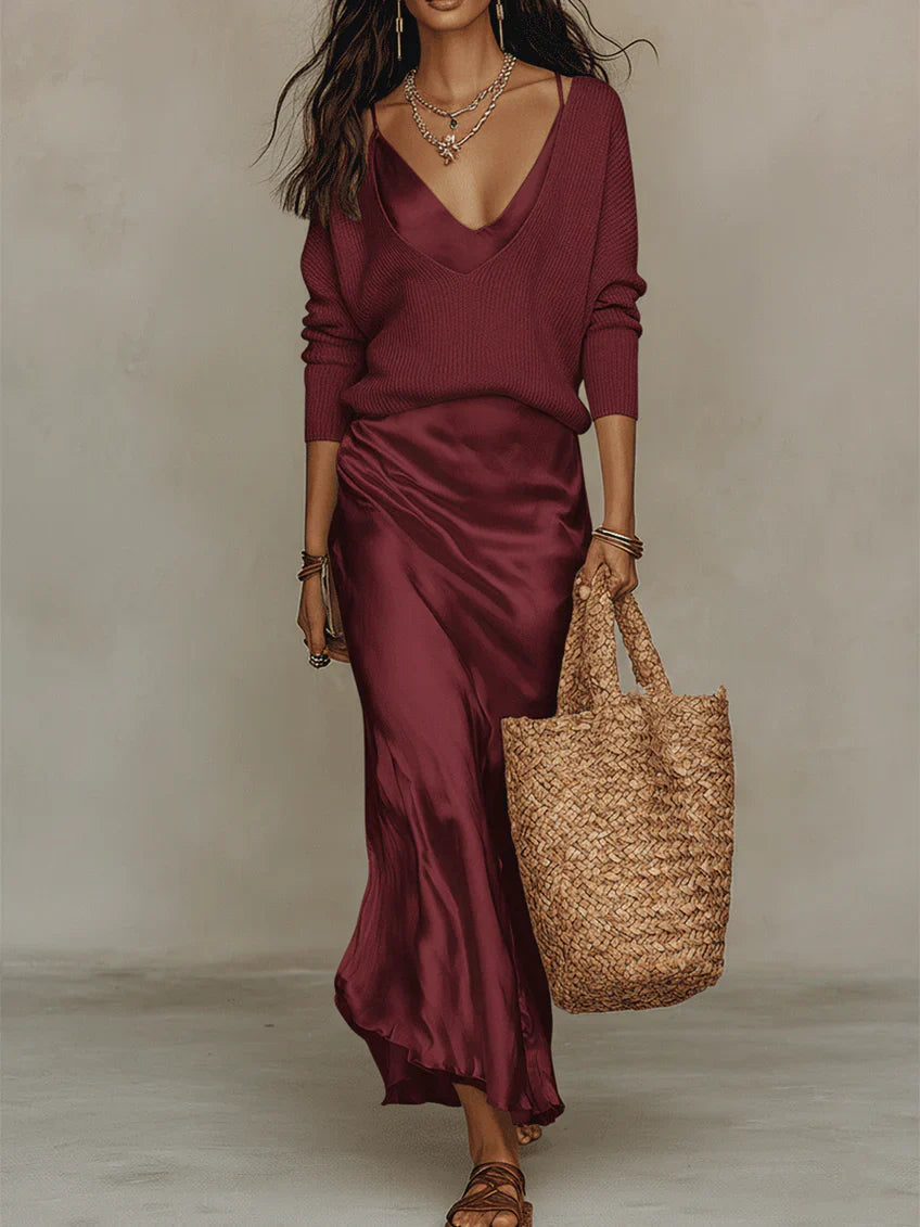 Women's Satin Midi Dress With Coordinating Knit