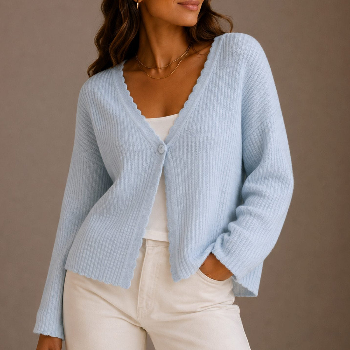 Women's Scallop Trim V Neck Button Front Knitted Cardigan