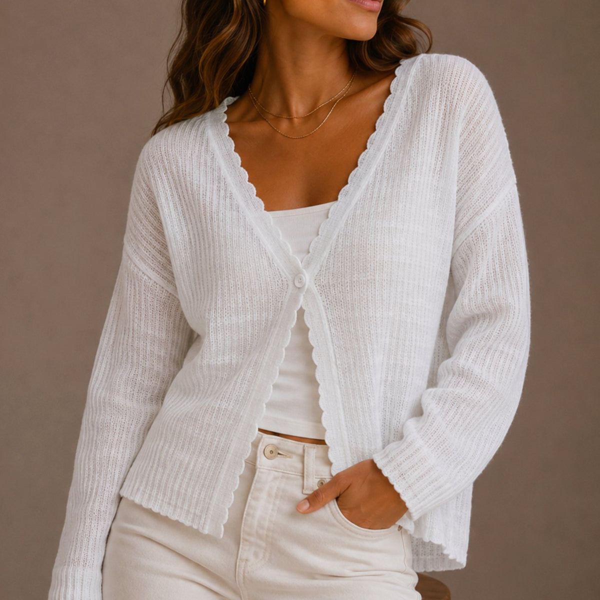 Women's Scallop Trim V Neck Button Front Knitted Cardigan