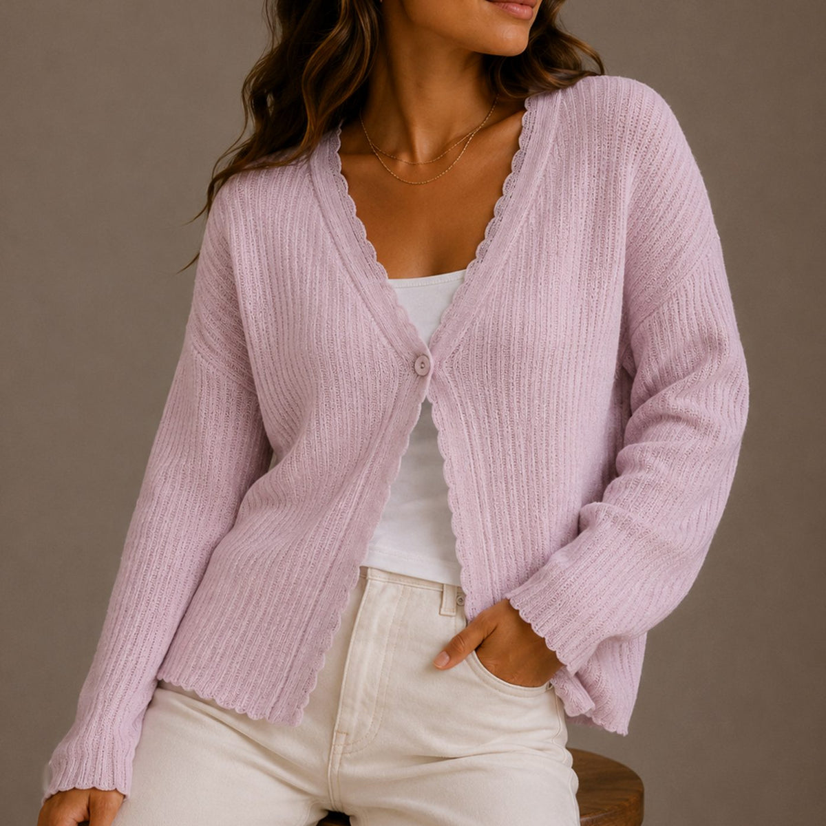 Women's Scallop Trim V Neck Button Front Knitted Cardigan