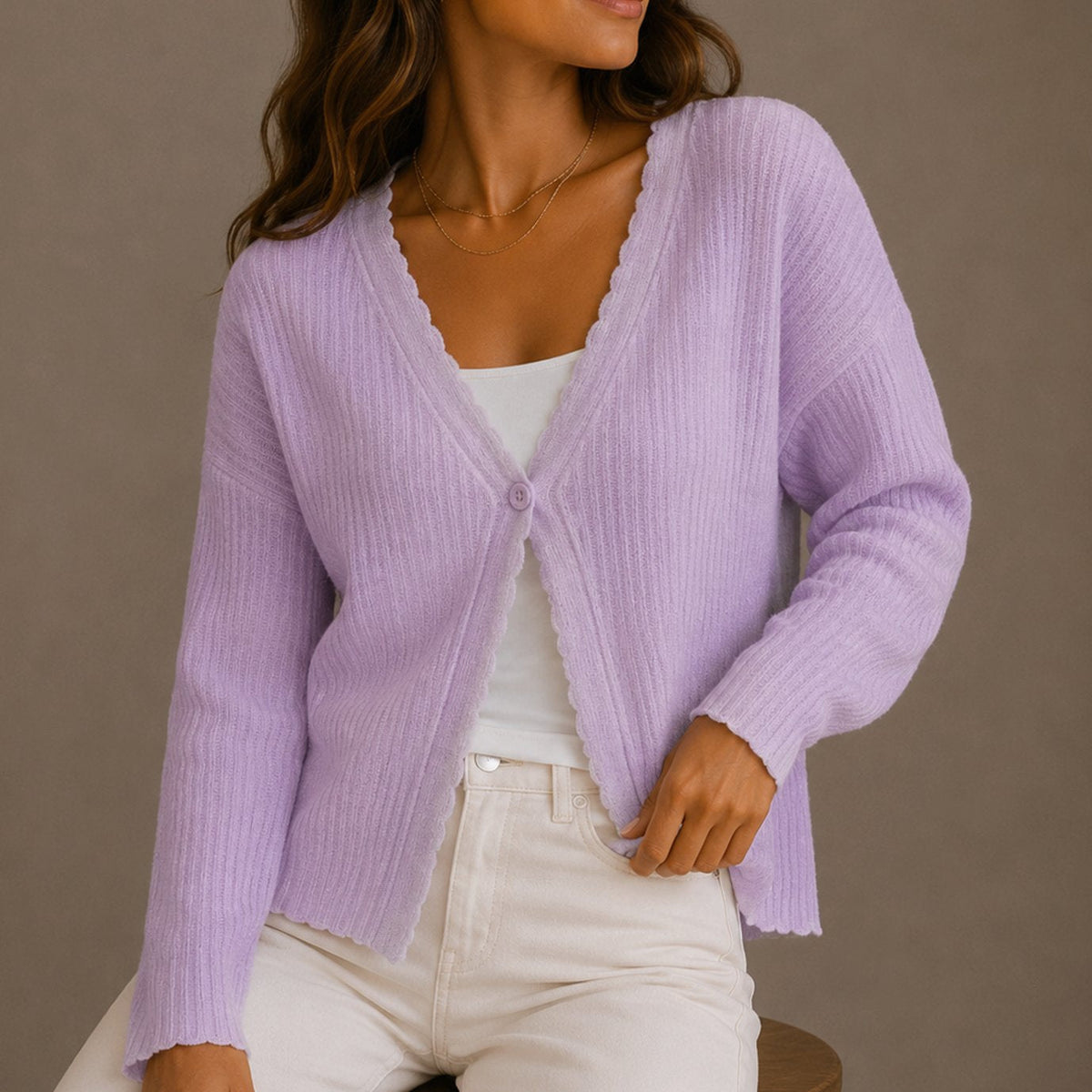 Women's Scallop Trim V Neck Button Front Knitted Cardigan