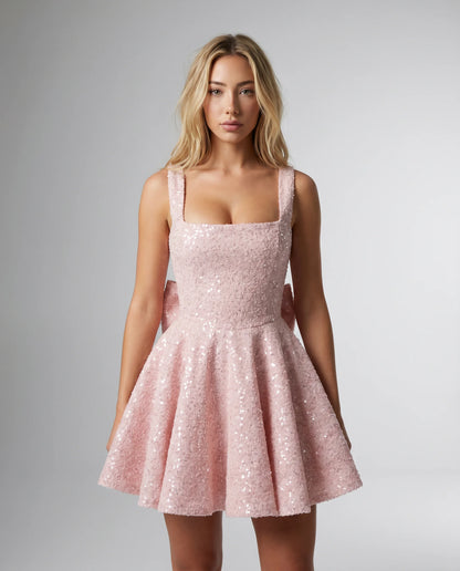 Pink sequin bow mini dress with square neckline and feminine fit and flare silhouette by ILYNORA