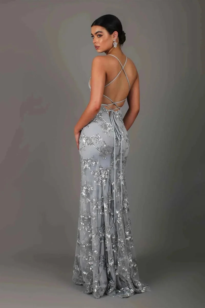 Women's Sequin Embroidered Backless Evening Maxi Dress
