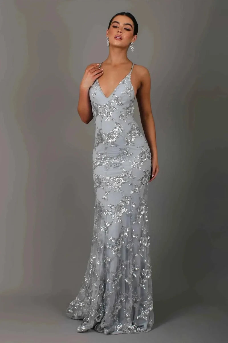Women's Sequin Embroidered Backless Evening Maxi Dress
