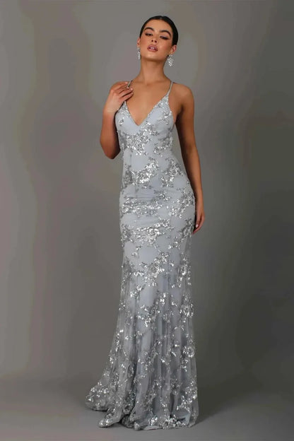 Women's Sequin Embroidered Backless Evening Maxi Dress