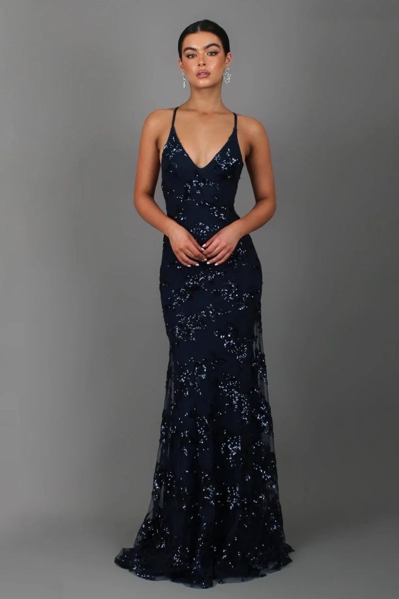 Women's Sequin Embroidered Backless Evening Maxi Dress
