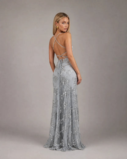 Grey sequin evening maxi dress back view with open back detail and elegant fitted silhouette by ILYNORA
