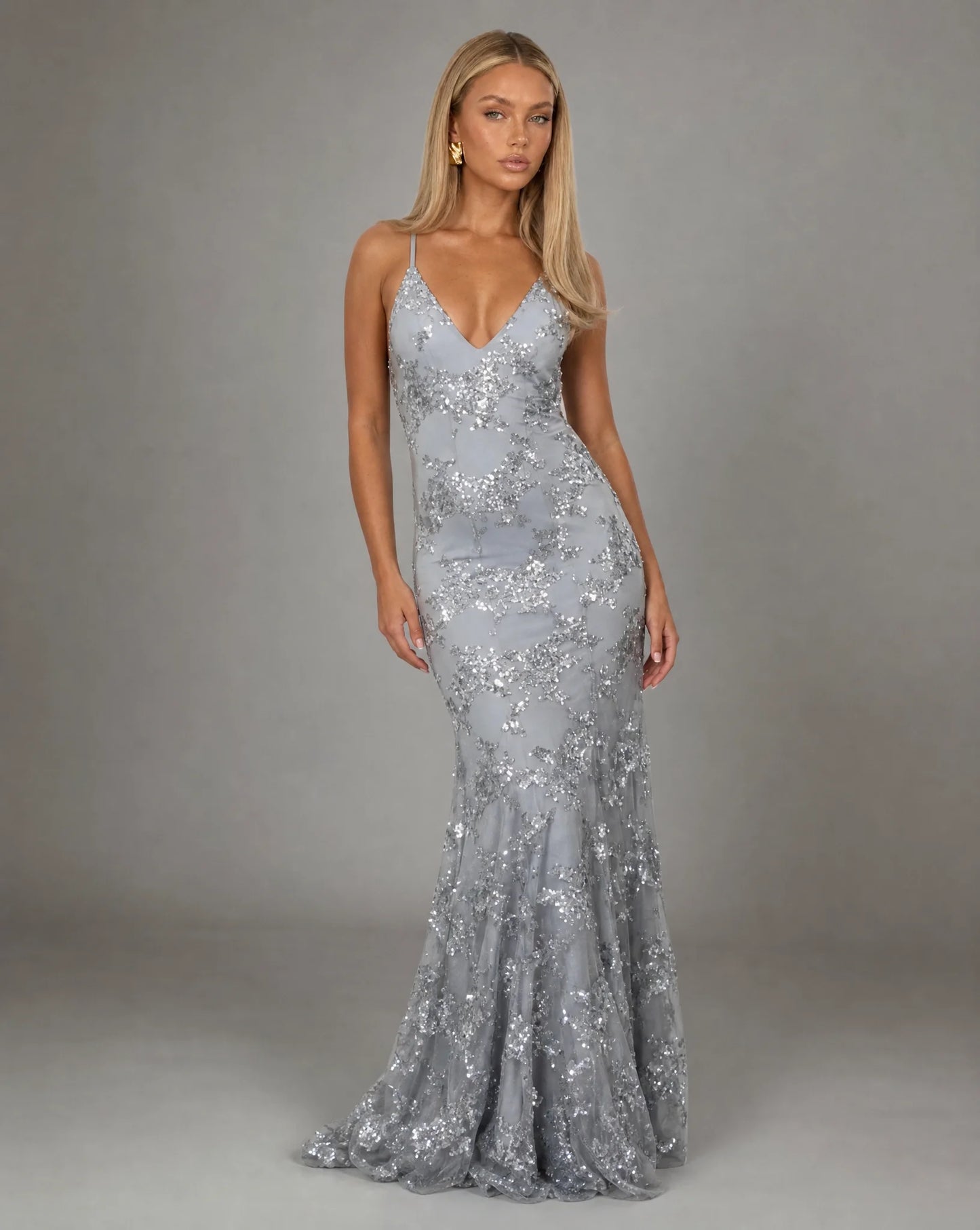Grey sequin evening maxi dress with mermaid silhouette and sparkling formal event styling by ILYNORA