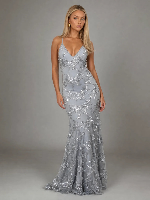 Grey sequin evening maxi dress with mermaid silhouette and sparkling formal event styling by ILYNORA
