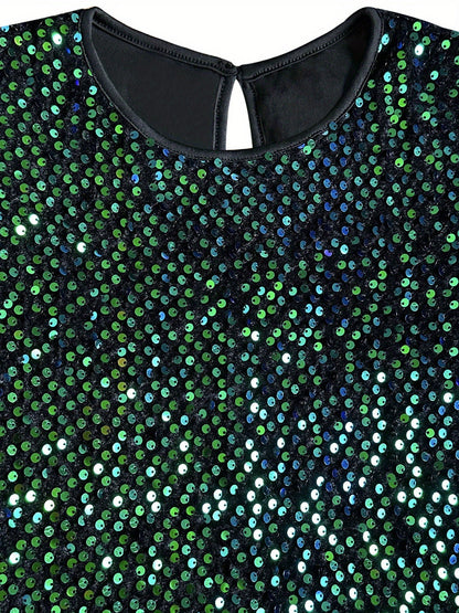 Women's Sequin Round Neck Long Sleeve Mini Dress