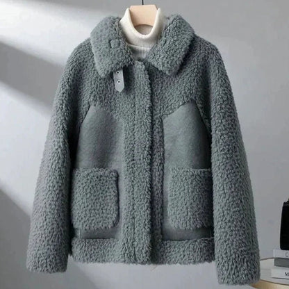 Women's Shearling Fleece Winter Coat Structured Collar Patch Pocket Jacket