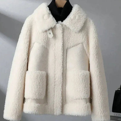 Women's Shearling Fleece Winter Coat Structured Collar Patch Pocket Jacket