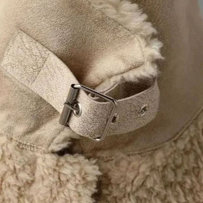Women's Shearling Fleece Winter Coat Structured Collar Patch Pocket Jacket