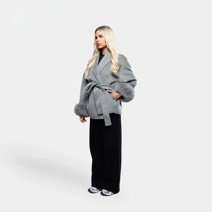 Women's Short Wrap Coat With Faux Fur Cuffs