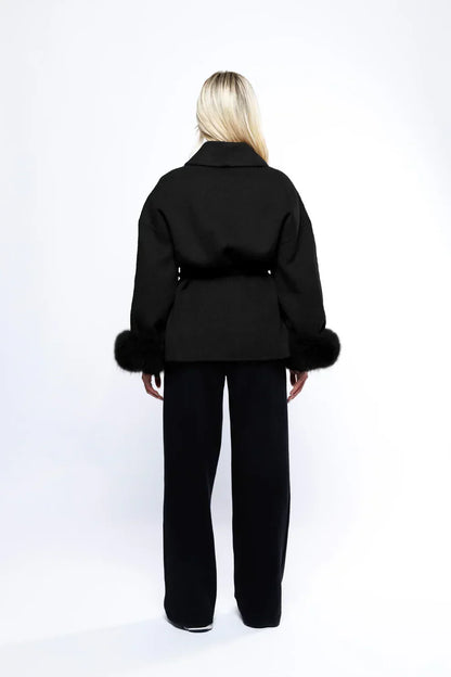 Women's Short Wrap Coat With Faux Fur Cuffs